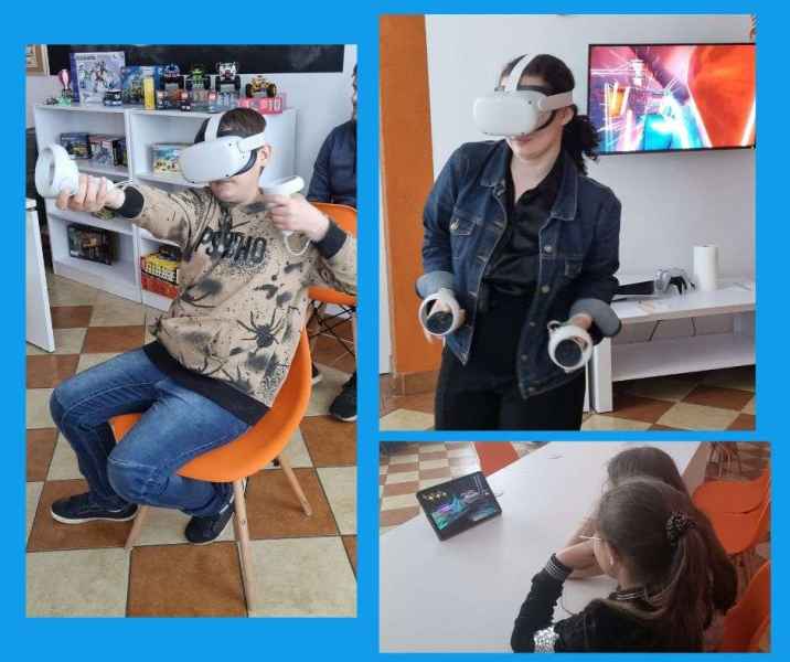 kolaż zdjęć nastolatki i chłopca podczas gry na goglach VR i dwóch dziewczynek oglądających na tablecie podgląd z gry