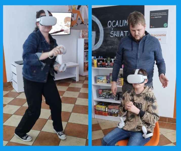 kolaż zdjęć nastolatki podczas gry na VR i bibliotekarza instruującego chłopca z zakładania gogli VR