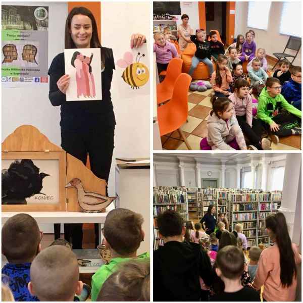 kolaż zdjęć bibliotekarki pokazującej dzieciom teatrzyk kamishibai, wypożyczalnię oraz dzieci w trakcie przedstawienia