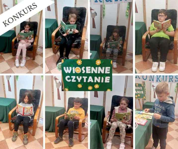 kolaż zdjęć dzieci w takcie czytania książek po lewej stronie napis konkurs, pośrodku zdjęcie z napisem wiosenne czytanie
