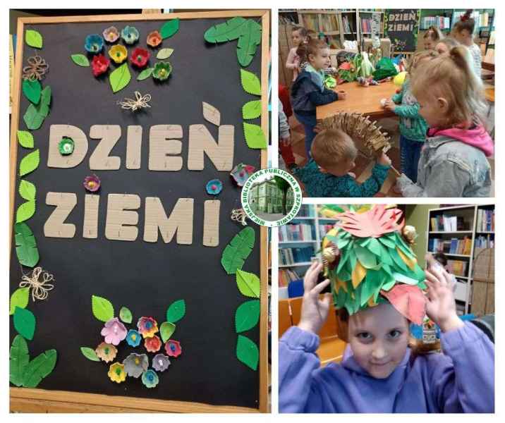 kolaż zdjęć tablicy z napisem dzień ziemi i papierowymi kwiatami i liśćmi i zdjęcia dzieci oglądających rekwizyty teatralne z papieru, pośrodku logo biblioteki