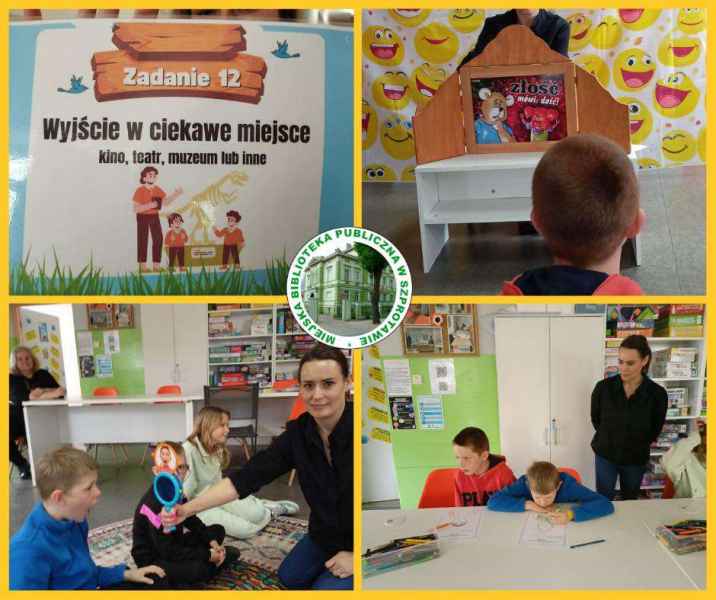 kolaż zdjęć karty z zadaniem, dzieci oglądających teatrzyk kamishibai, podczas rysowania i z lusterkiem emocji i bibliotekarką, pośrodku logo biblioteki