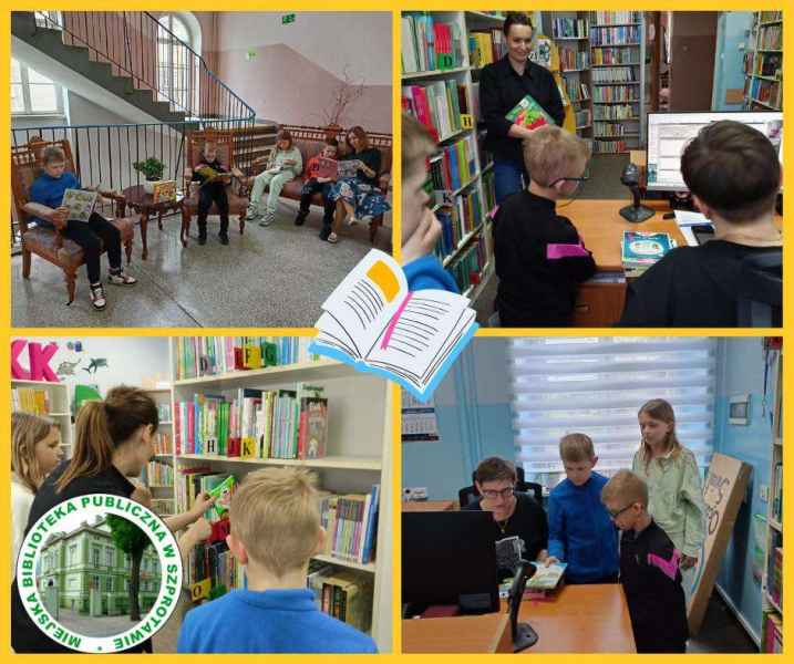 kolaż zdjęć dzieci z książkami i przy bibliotekarce z książkami, pośrodku grafika książki, na dole logo biblioteki