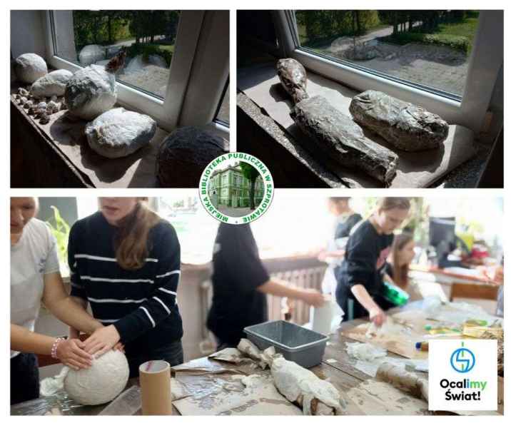 kolaż zdjęć dzieci przy stoliku podczas warsztatów papier mache i obklejonych brył na parapecie, pośrodku logo biblioteki, na dole logo ocalimy świat