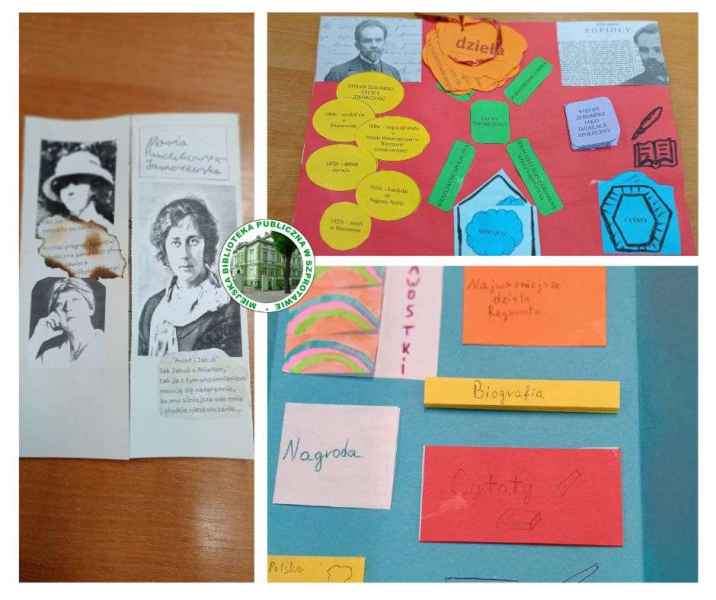 kolaż zdjęć kolorowych lapbooków uczniów, po lewej logo biblioteki