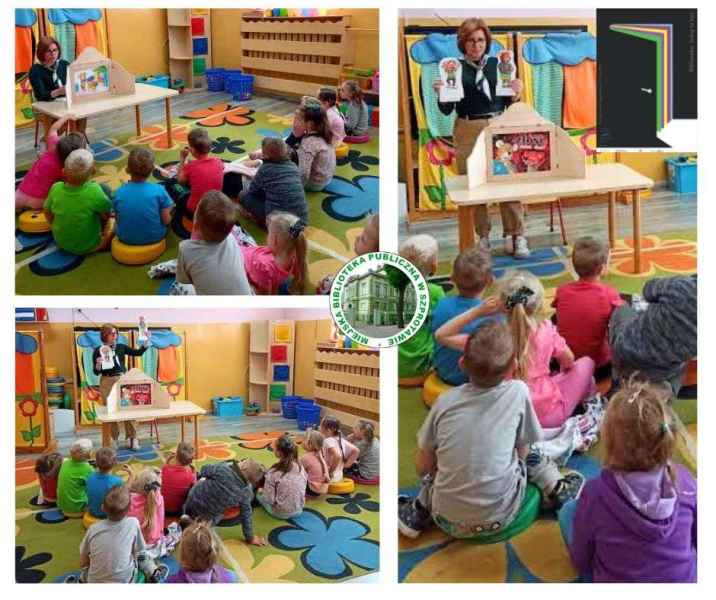 kolaż zdjęć  bibliotekarki pokazującej dzieciom karty i ilustracje z bajki kamishibai, pośrodku logo biblioteki
