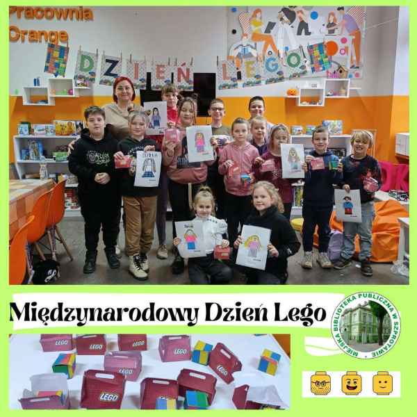 kolaż zdjęć bibliotekarki z dziećmi trzymającymi swoje malowanki, i pudełek ze słodyczami, na dole napis międzynarodowy dzień lego, obok logo biblioteki i grafika głów postaci z lego