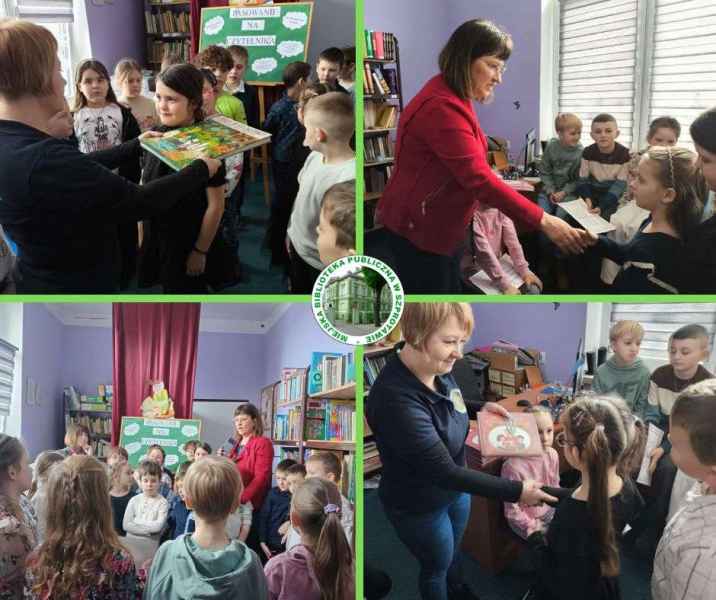 kolaż zdjęć dzieci podczas pasowania na czytelnika przez bibliotekarki i otrzymujących książki, pośrodku logo biblioteki