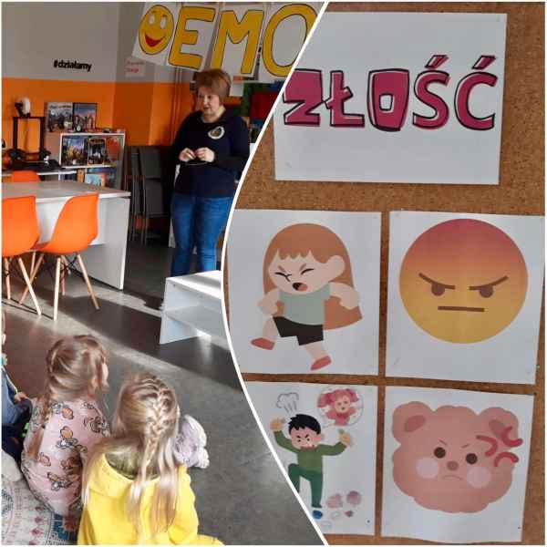 kolaż zdjęć bibliotekarki mówiącej do dzieci i tablicy z obrazkami przedstawiającymi złość