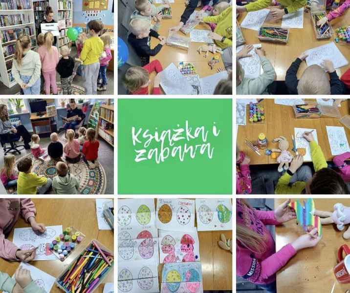 kolaż zdjęć dzieci z bibliotekarką podczas czytania i kolorowania rysunków dinozaurów, pośrodku napis książka i zabawa