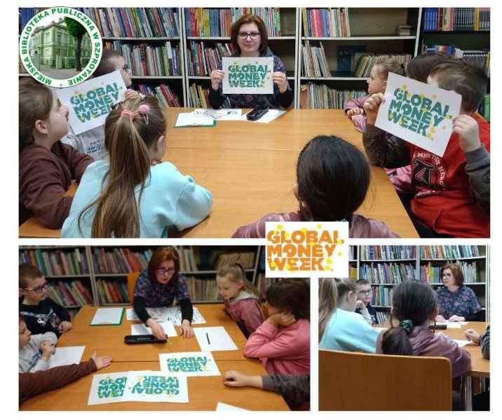 kolaż zdjęć bibliotekarki i dzieci przy stoliku, na dole logo global money week, po lewej logo biblioteki