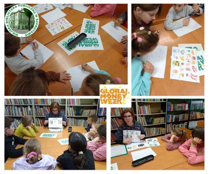 kolaż zdjęć bibliotekarki i dzieci przy stoliku podczas rozwiązywania zadań  przy stoliku, na dole logo global money week, po lewej logo biblioteki