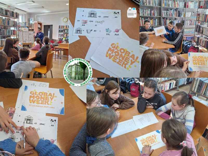 kolaż zdjęć dzieci podczas rozwiązywania rebusów przy stoliku, po lewej logo biblioteki