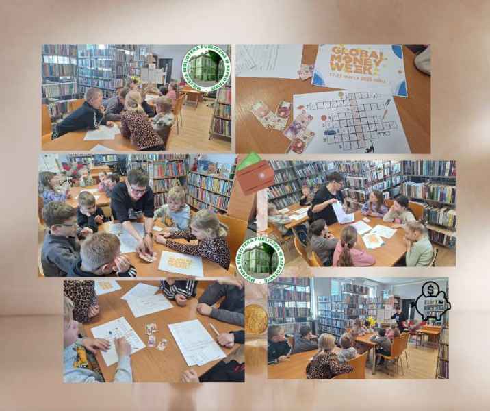 kolaż zdjęć dzieci z bibliotekarką przy stoliku podczas rozwiązywania krzyżówki i oglądania banknotów, na dole i na górze logo biblioteki, 