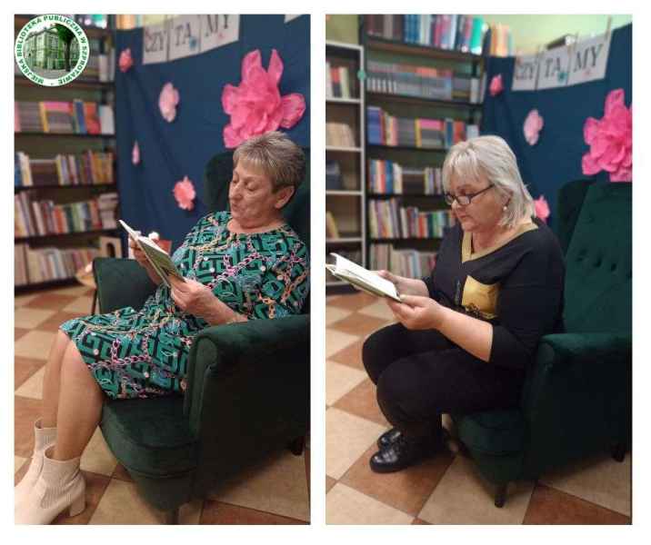 kolaż zdjęć czytelniczek z książką w fotelu, po lewej logo biblioteki
