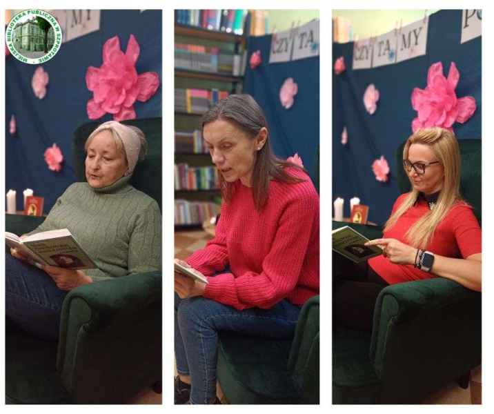 kolaż zdjęć czytelniczek i dyrektor biblioteki podczas czytania książki w fotelu, po lewej logo biblioteki