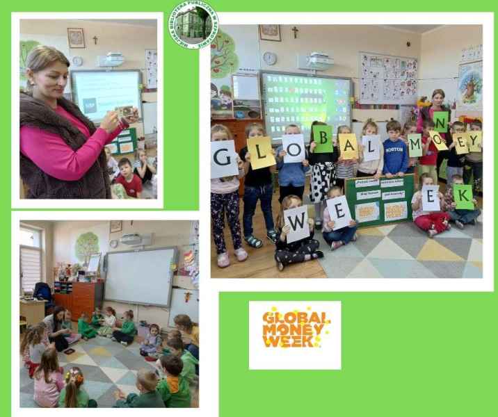 kolaż zdjęć dzieci i kobiety podczas oglądania banknotów i z napisem global money week, na górze logo biblioteki, na dole logo global money week