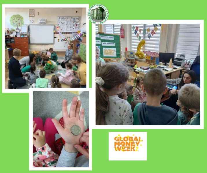 kolaż zdjęć dzieci podczas oglądania banknotów i monet z dawnych lat, na górze logo biblioteki, na dole logo global money week