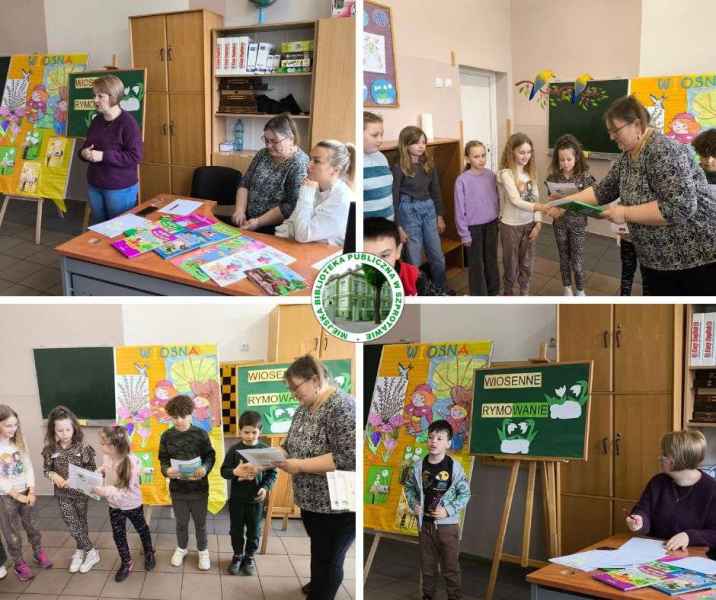 kolaż zdjęć komisji konkursowej przy stoliku, podczas słuchania recytowania dzieeci i podczas wręczania nagród, pośrodku logo biblioteki