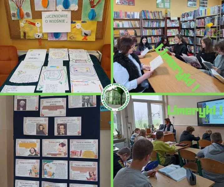 kolaż zdjęć prac plastycznych dzieci o wiośnie, wystawy o poezji oraz uczniów podczas czytania i pisania limeryków, pośrodku logo biblioteki, obok napis limeryki! limeryki! 