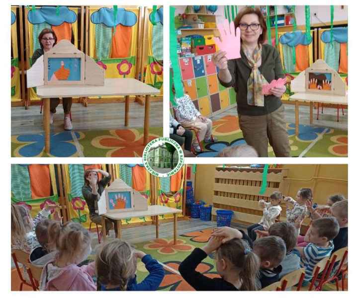 kolaż zdjęć bibliotekarki dziećmi i teatrzykiem kamishibai oraz wyciętą dłonią z papieru, pośrodku logo biblioteki