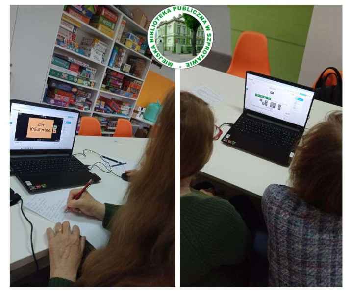 kolaż zdjęć czytelników przy laptopach i podczas pisania na kartce, pośrodku logo biblioteki