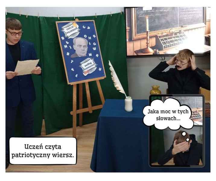 zdjęcie ucznia z kartką papieru i przy biurku, z napisem uczeń czyta patriotyczny wiersz i jaka moc w tych słowach...