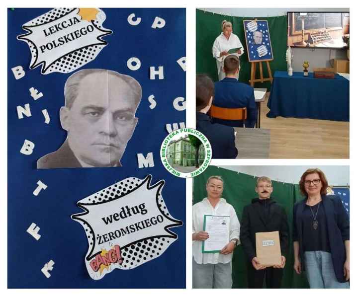 kolaż zdjęć tablicy ze zdjęciem Żeromskiego i napisem lekcja polskiego według Żeromskiego, obok zdjęcia nauczycielki, bibliotekarki i uczniów, pośrodku logo biblioteki