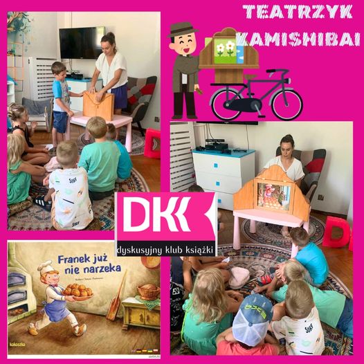 kolaż zdjęć bibliotekarki i dzieci z teatrzykiem kamishibai na górze napis teatrzyk kamishibai pośrodku logo DKK