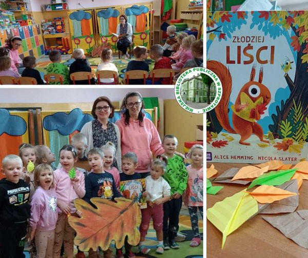 kolaż zdjęć bibliotekarki czytającej dzieciom książkę oraz bibliotekarki dzieci i wychowawczyni z jesiennym liściem z kartonu po lewej logo biblioteki i zdjęcie okładki książki złodziej liści