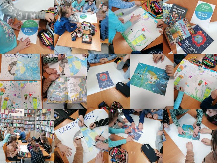 kolaż zdjęć dzieci układających puzzle i rysujących planetę