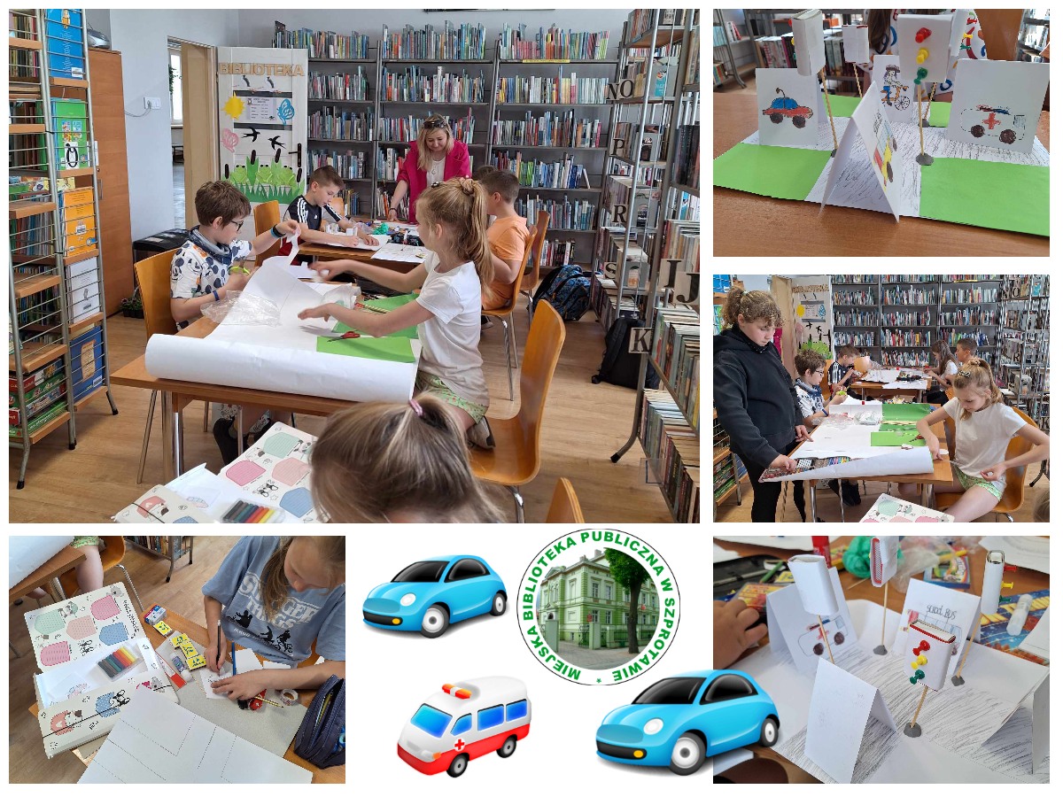 kolaż dzieci wraz z wychowawczynią podczas lekcji bibliotecznej o ruchu drogowym wraz z ich makietą skrzyżowania na dole logo biblioteki