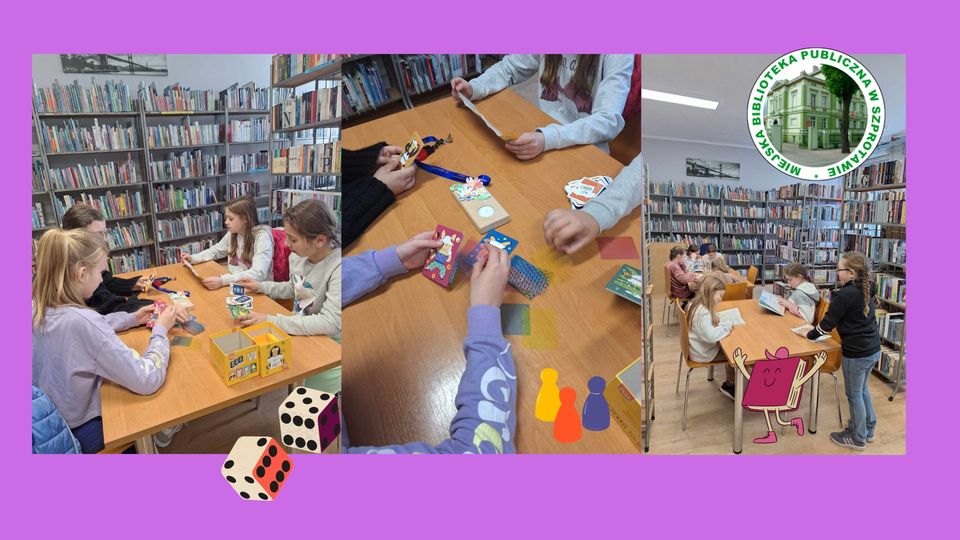 kolaz zdjęć dzieci podczas grania w gry planszowe na dole obrazek kości do gry i książki na górze logo biblioteki