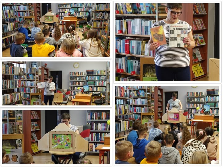 kolaż zdjęć bibliotekarki z książką oraz podczas prezentacji teatrzyka kamishibai dzieciom