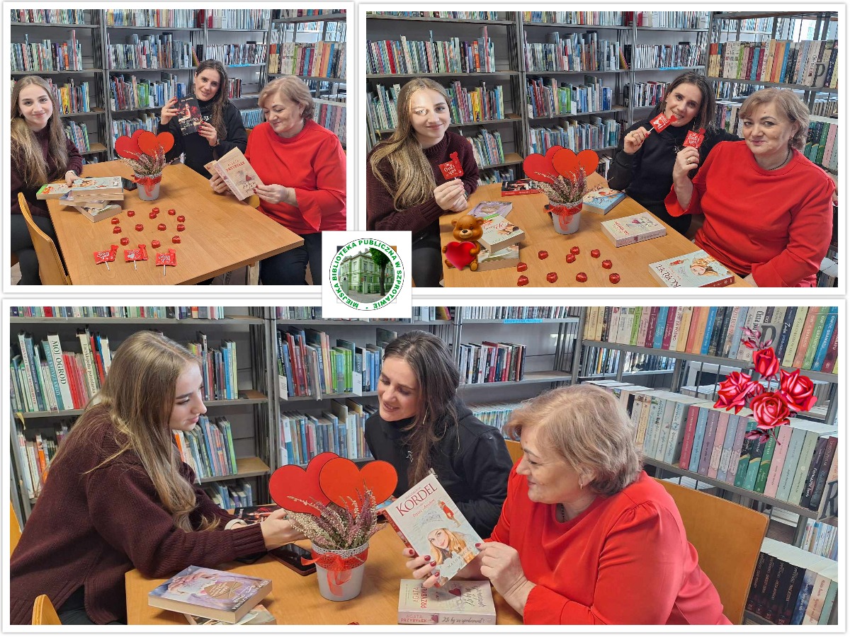 kolaż zdjęć czytelniczek przy stoliku z książkami i lizakami pośrodku logo biblioteki