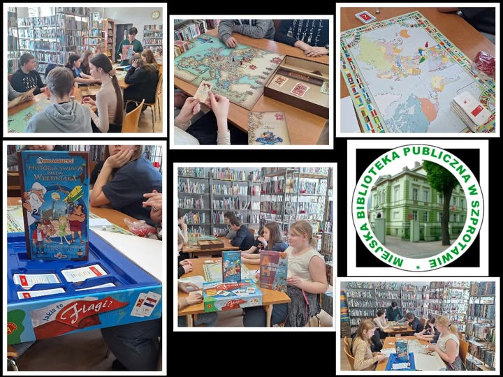 kolaż zdjęć dzieci podczas grania w historyczne gry planszowe w bibliotece po prawej logo biblioteki