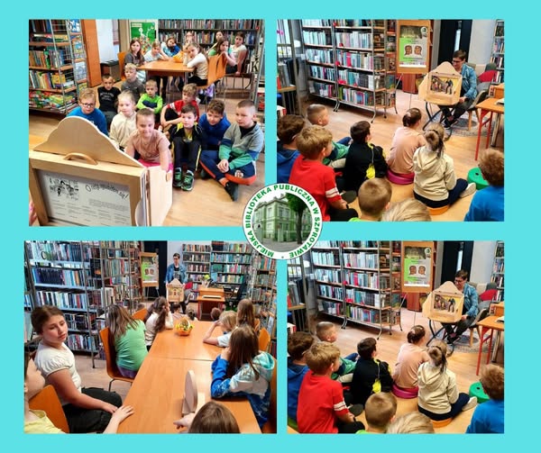 kolaż zdjęć dzieci podczas oglądania teatrzyku kamishibai przy stoliku pośrodku logo biblioteki
