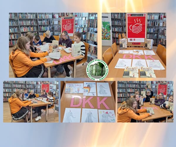 kolaż zdjęć dzieci przy stoliku z książkami podczas rysowania oraz prac dzieci z plakatem DKK pośrodku logo DKK