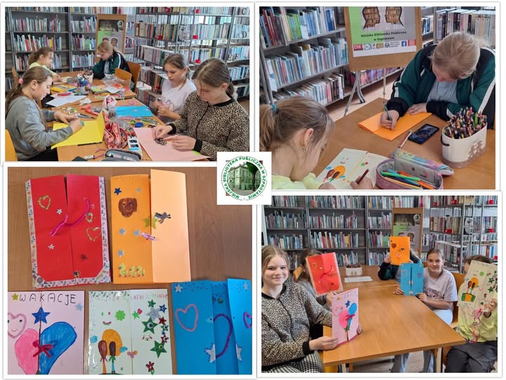 kolaż zdjęć dziewczynek przy stoliku podczas tworzenia książki harmonijki i zdjęcie gotowych lapbooków pośrodku logo biblioteki