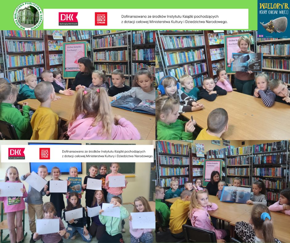 kolaż zdjęć bibliotekarki i wychowawczyni z dziećmi podczas rozmowy o książce oraz z pracami plastycznymi na dole i na górze belka logotypowa DKK instytutu książki i informacja o dofinansowaniu ze środków pochodzących z dotacji ministerstwa kultury i dziedzictwa narodowego