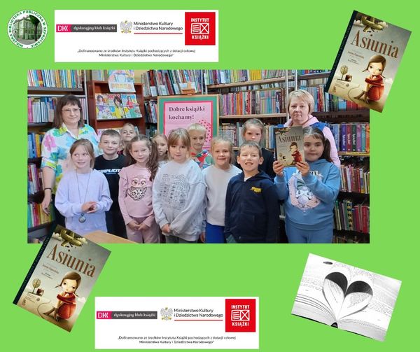 zdjęcie dzieci bibliotekarki i wychowawczyni klasy z książką asiunia dookoła logotypy biblioteki patronów wydarzenia i grafiki okładki książki na zielonym tle