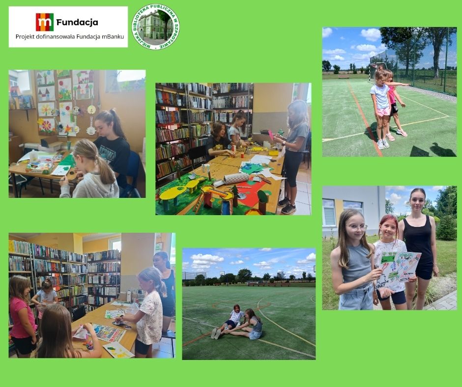 kolaż zdjęć dzieci podczas tworzenia makiety 3d oraz zabaw na powietrzu na górze logo biblioteki i mfundacji z napisem projekt dofinansowała fundacja mbanku