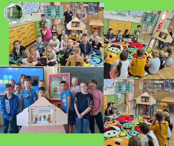 kolaż zdjęć bibliotekarki wychowawczyni i klasy z teatrzykiem kamishibai podczas zajęć z lewej strony logo biblioteki