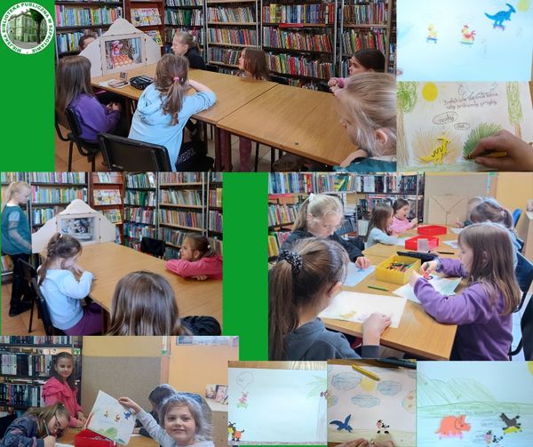 kolaż zdjęć dzieci oglądających teatrzyk kamishibai i podczas wykonywania prac plastycznych po lewej stronie logo biblioteki