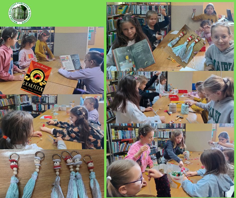 kolaż zdjęć dzieci podczas czytania książki i tworzenia breloków po lewej stronie logo biblioteki