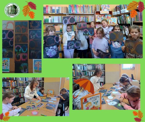 kolaż zdjęć dzieci podczas tworzenia prac plastycznych oraz ich wystawa dookoła grafiki liści na zielonym tle i logo biblioteki z lewej
