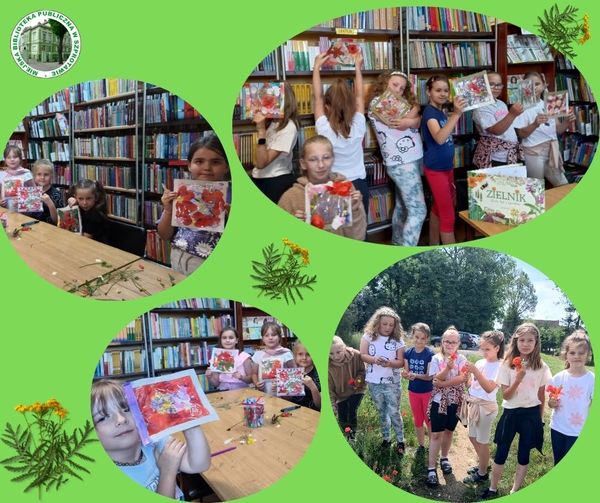 kolaż zdjęć dzieci z pracami plastycznymi z ziół oraz na dworze dookoła grafiki ziela na górze logo biblioteki