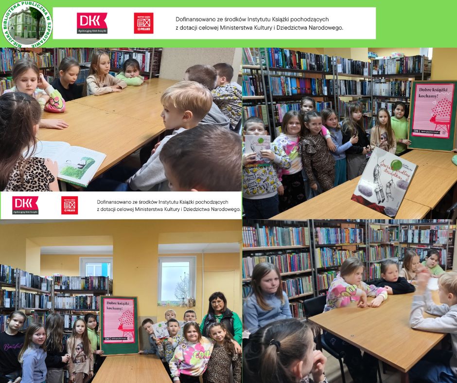 kolaż zdjęć dzieci przy stoliku z plakatem DKK i książką na górze belka logotypowa z logo biblioteki DKK instytutu książki i napis dofinansowano ze środków instytutu książki pochodzących z dotacji celowej ministerstwa kultury i dziedzictwa narodowego