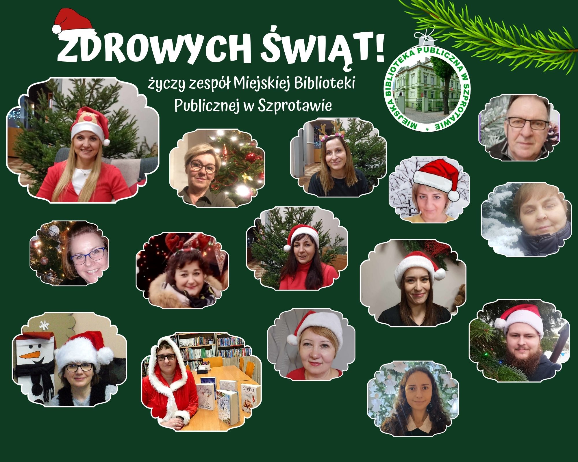 kolaż zdjęć kadry biblioteki z napisem zdrowych świąt! życzy zespół miejskiej biblioteki publicznej w szprotawie na górze logo biblioteki