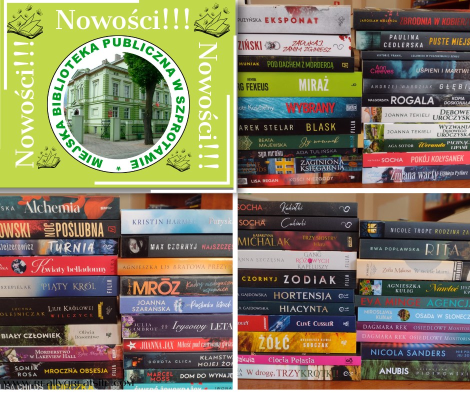 kolaż stosów książek z widocznymi grzbietami na górze logo biblioteki i napisy nowości